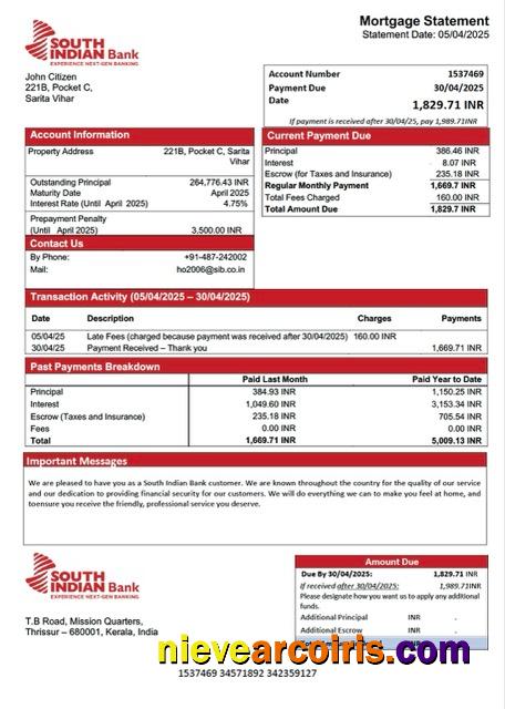 India South Indian Bank mortgage statement Word and PDF template
